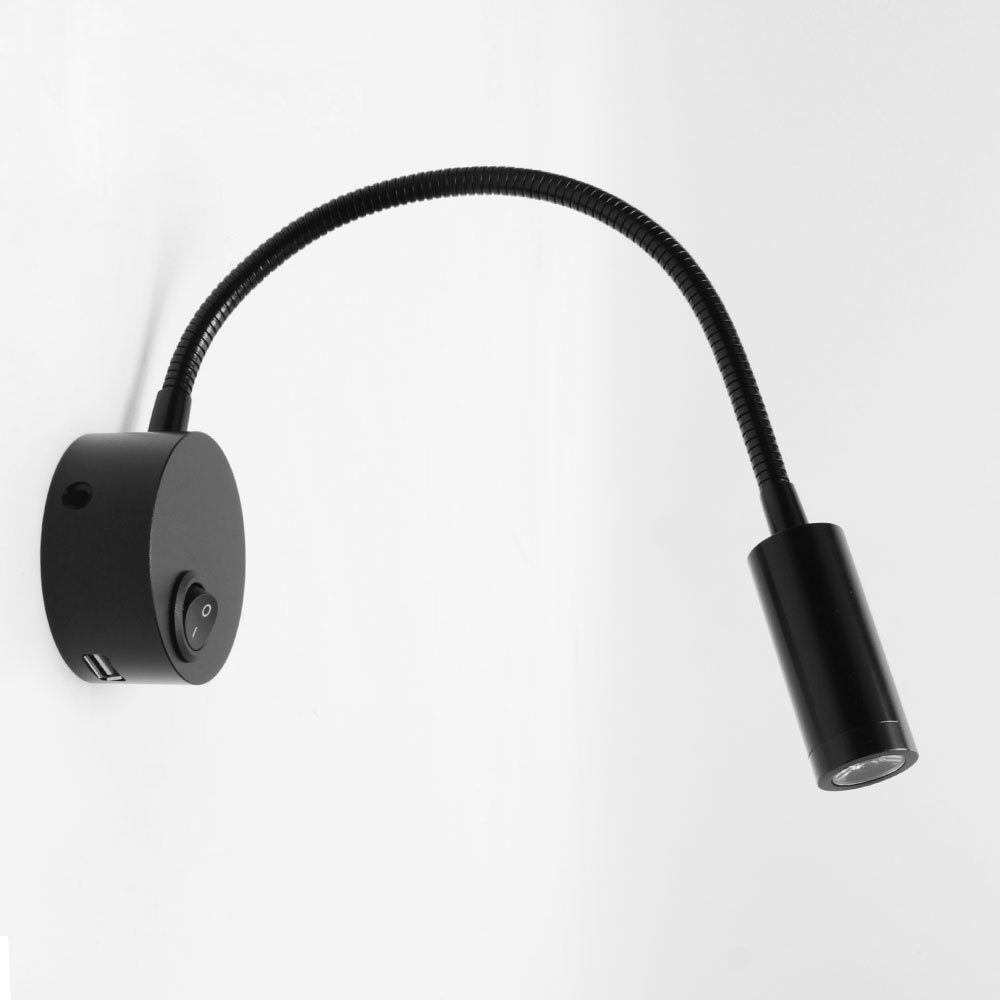 3W LED Hoses Wall Lamp Flexible Home Hotel Bedside Reading Lamp Wall Light Modern Fashion Book Lights USB Charge Port w/ Switch