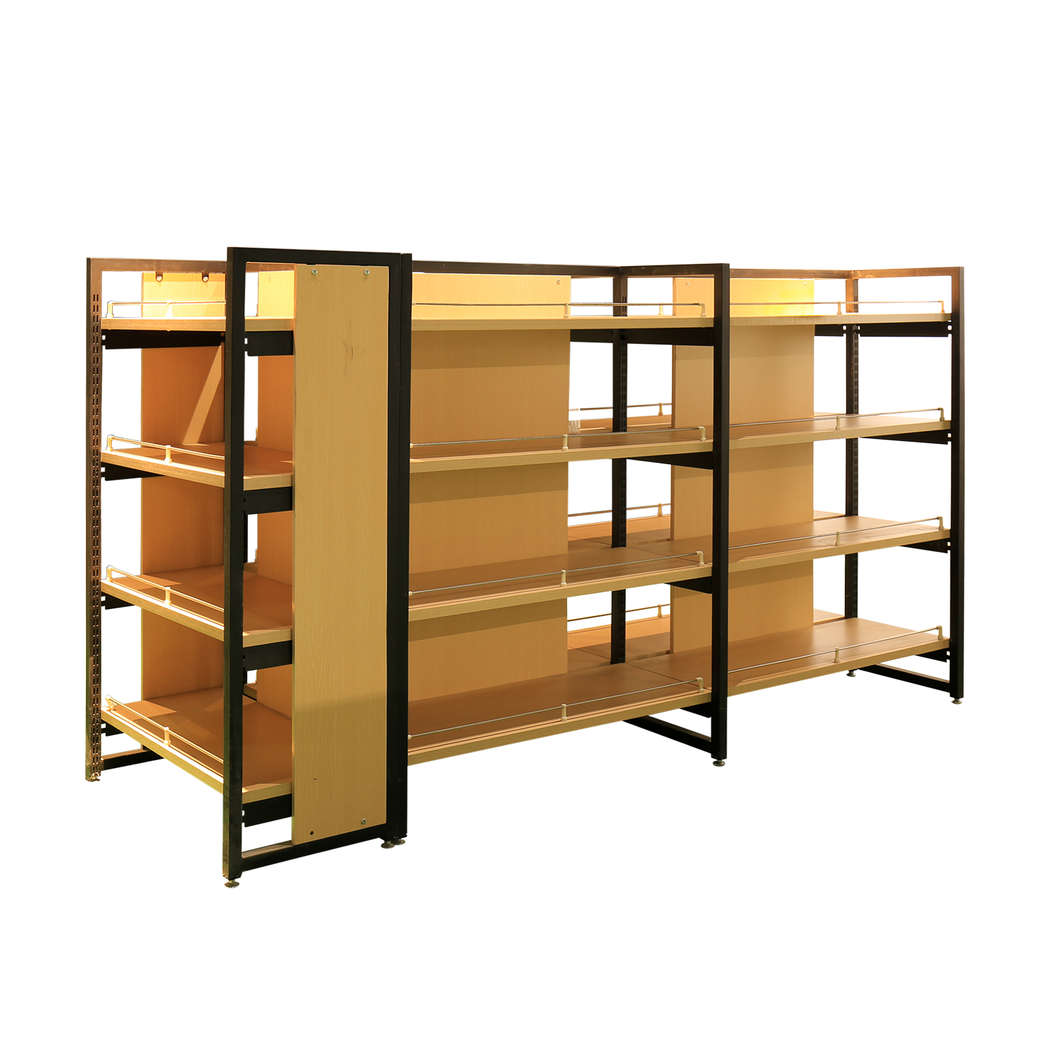 wood or wooden shelf display racks in supermarket and store shops