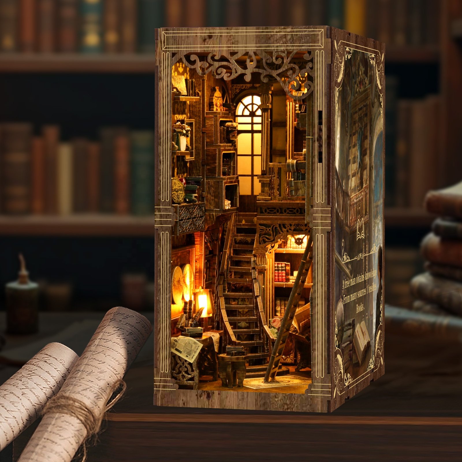 2024 custom laser cutting book nook Christmas UV printing Antique book collection room book nook adult