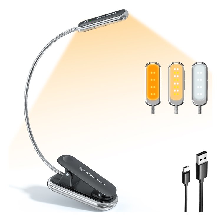 Glocusent 16 leds Brighter Usb Rechargeable Portable Flexible Dimmable Led Clip On Book Light For Reading In Bed With Timer