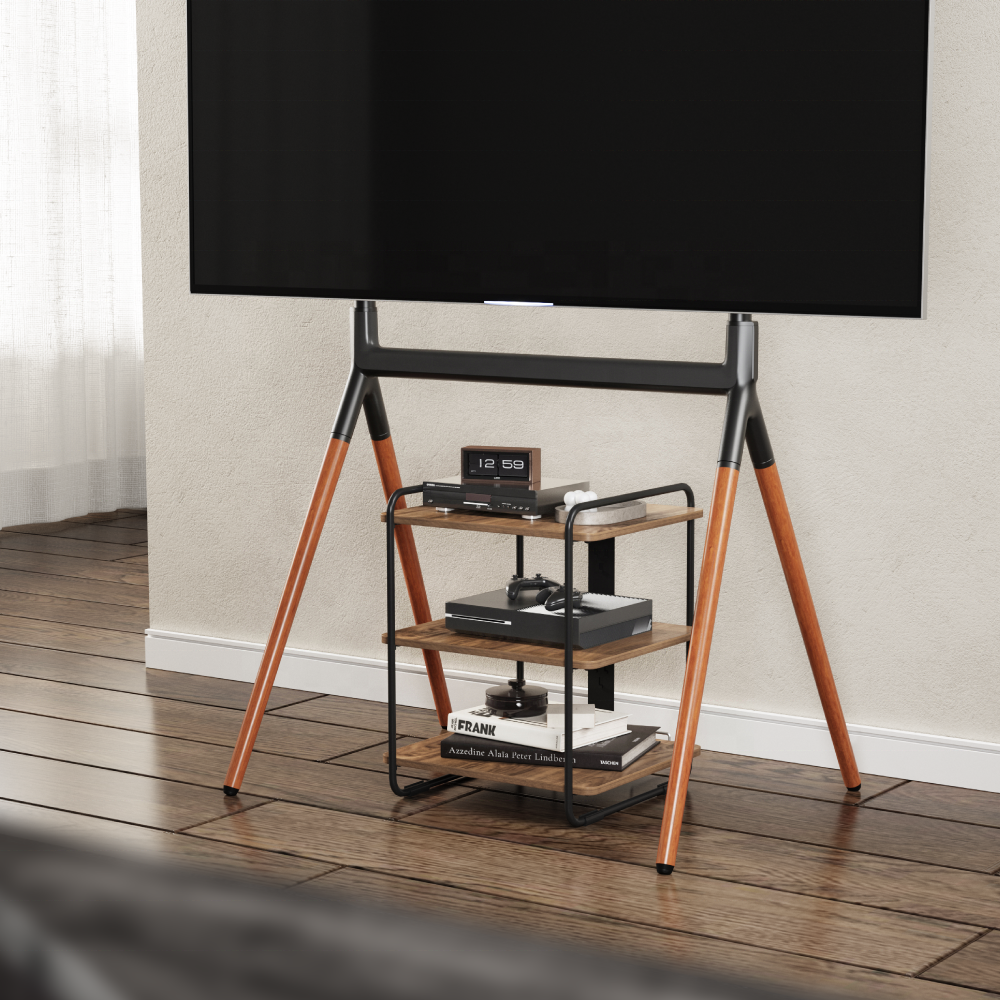 SFR-04 3-Tier Industrial Style Storage Rack AV Media Stand Corner Shelf Wood Shelves for TV Xbox PS5