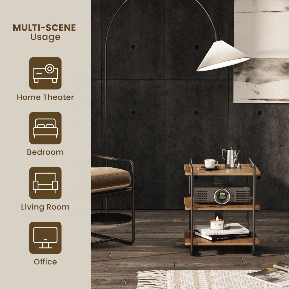 SFR-04 3-Tier Industrial Style Storage Rack AV Media Stand Corner Shelf Wood Shelves for TV Xbox PS5