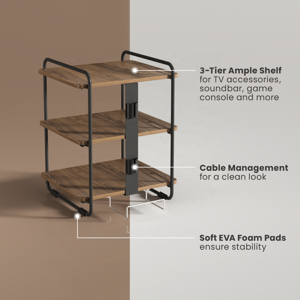 SFR-04 3-Tier Industrial Style Storage Rack AV Media Stand Corner Shelf Wood Shelves for TV Xbox PS5
