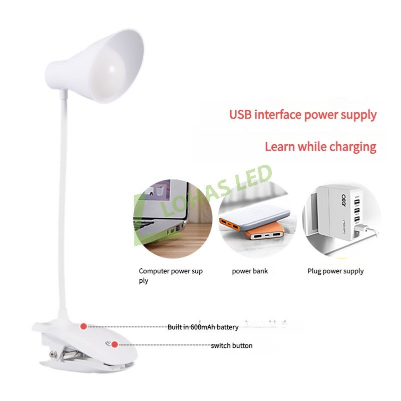 LOHAS 14LEDs White Shade Read Lights Eye-protect Modern USB Rechargeable Desk Lamp Bedside Reading Light for Bedroom