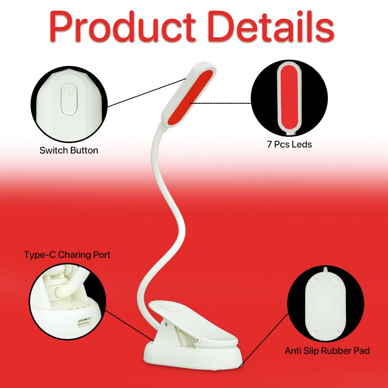 USB Rechargeable LED Book Light 660nm Red Light Flexible Mini Book Reading Lights Bedroom Book Lamp