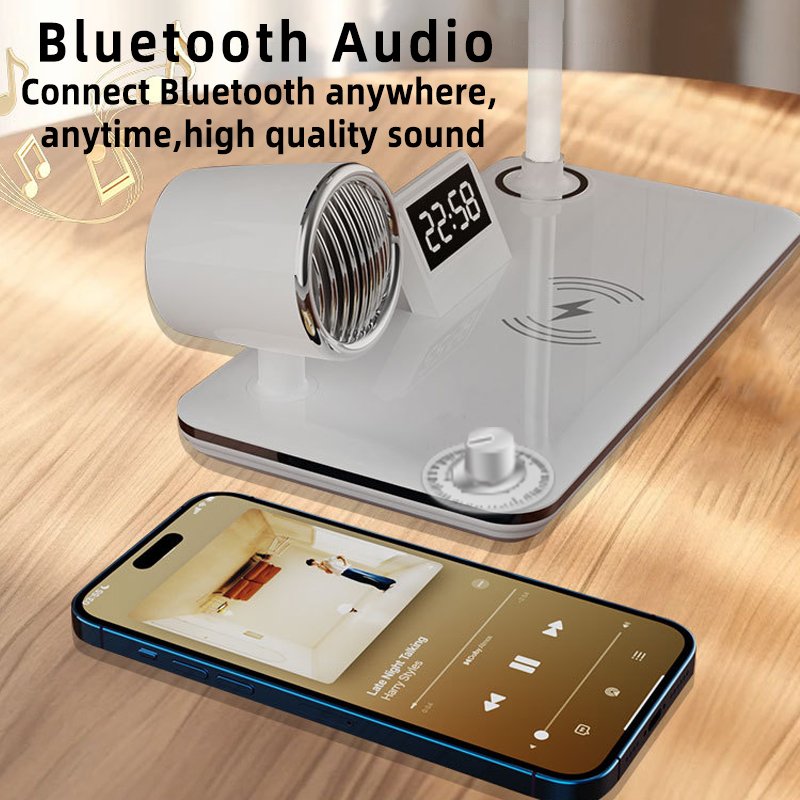 4 in 1 Multifunctional Table Lamp+Alarm Clock+Speaker+15W wireless charger function, LED Reading Book Light
