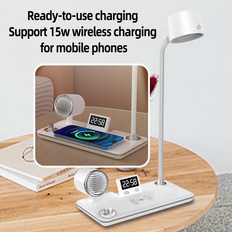 4 in 1 Multifunctional Table Lamp+Alarm Clock+Speaker+15W wireless charger function, LED Reading Book Light