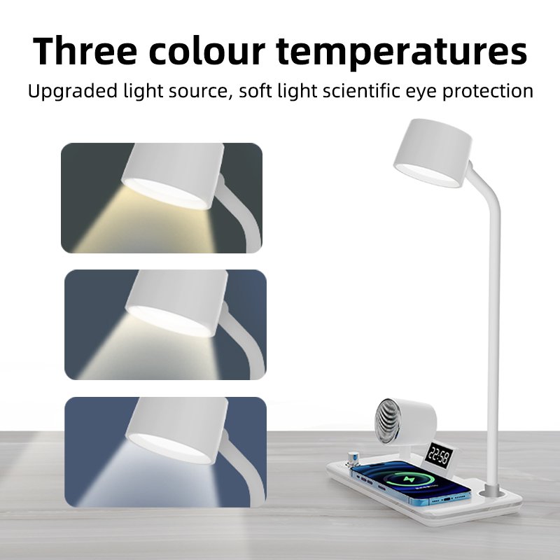 4 in 1 Multifunctional Table Lamp+Alarm Clock+Speaker+15W wireless charger function, LED Reading Book Light