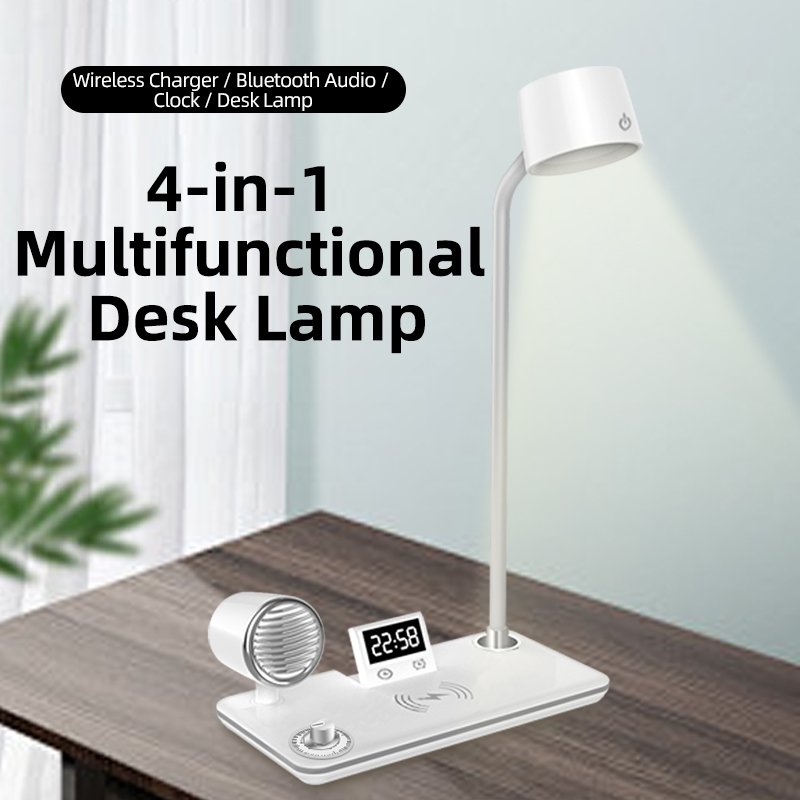 4 in 1 Multifunctional Table Lamp+Alarm Clock+Speaker+15W wireless charger function, LED Reading Book Light