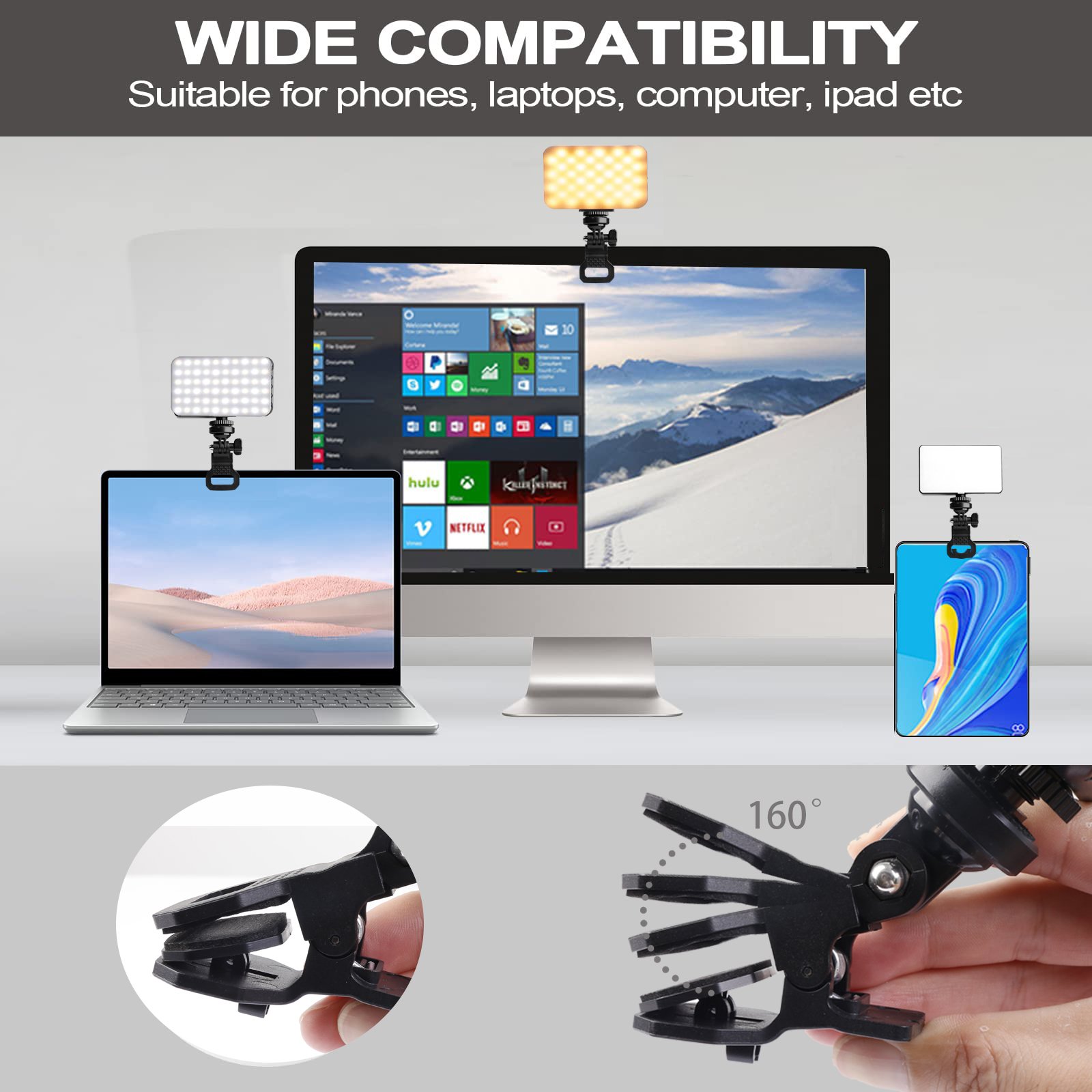 Rechargeable Selfie Light with Clip and Adapter for Fill Light Pictures Phone Video Conferencing Portable Light