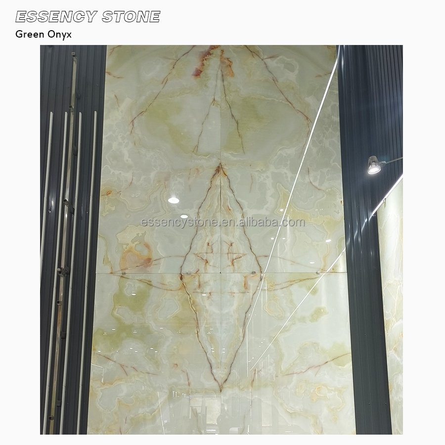 Premium Quality Natural Transparent Green Onyx Marble Stone Slabs Book Match Veins for Wall Decoration Original Color
