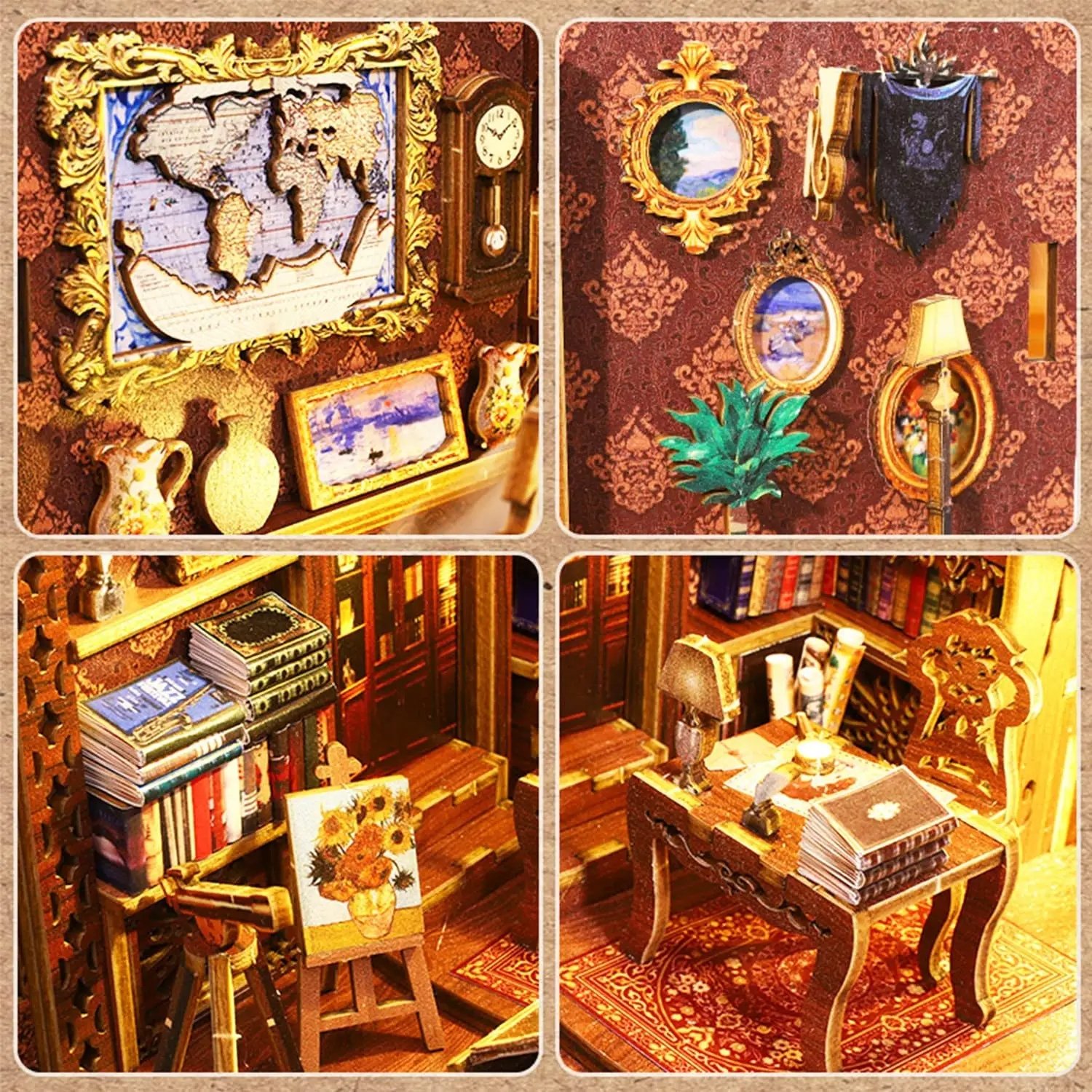 Global Bridge CP-240221 3D Wooden Puzzle Bookend and Bookshelf Decoration Book Corner Set with LED DIY Miniature Doll House Set