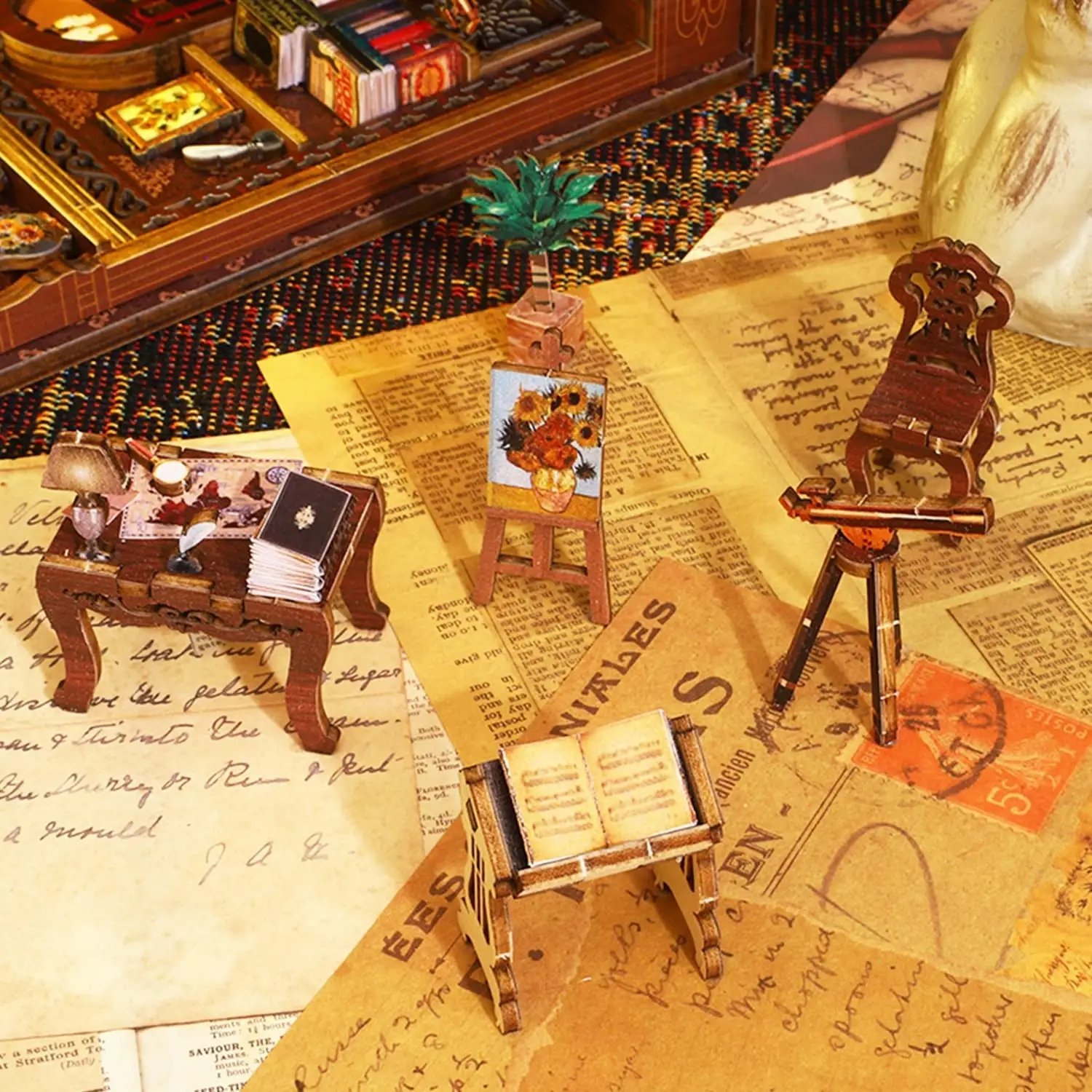 Global Bridge CP-240221 3D Wooden Puzzle Bookend and Bookshelf Decoration Book Corner Set with LED DIY Miniature Doll House Set