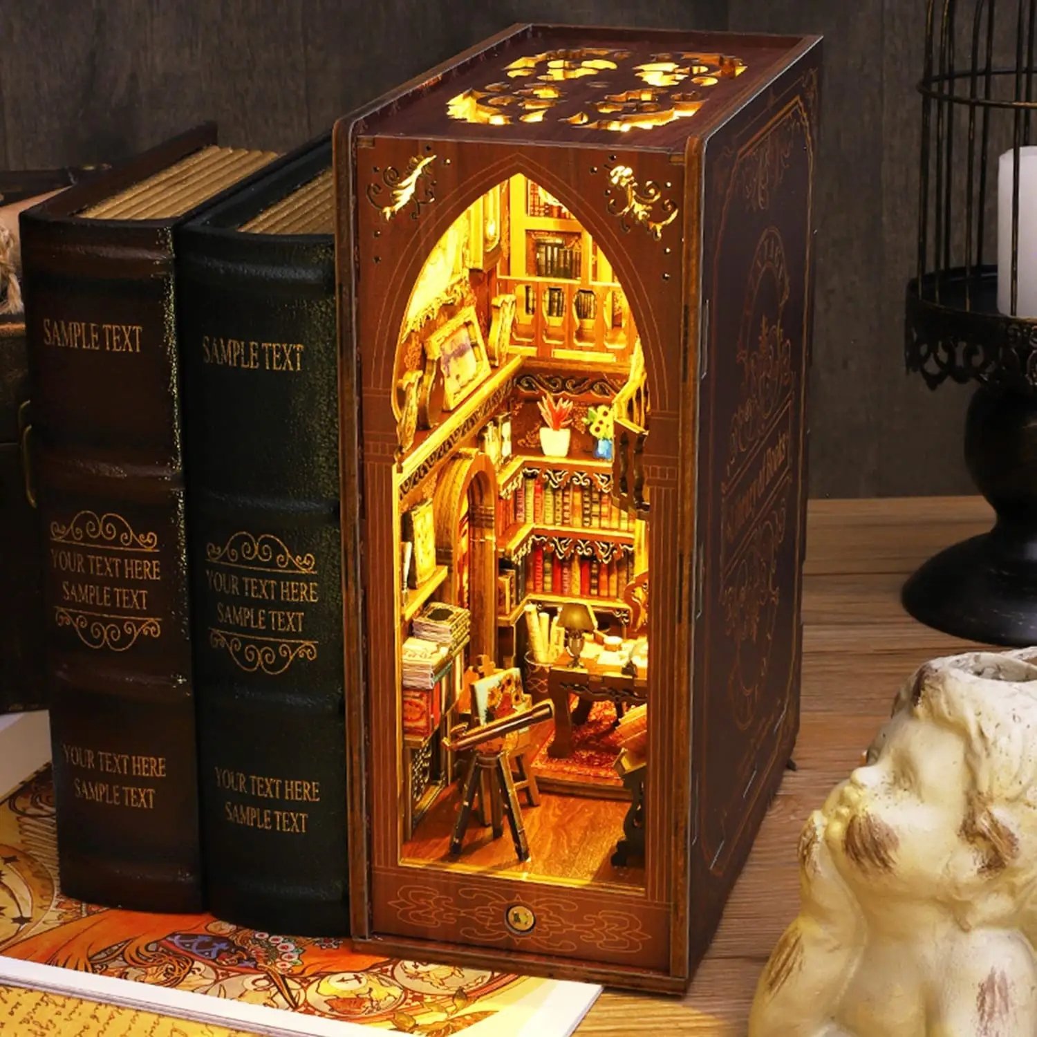 Global Bridge CP-240221 3D Wooden Puzzle Bookend and Bookshelf Decoration Book Corner Set with LED DIY Miniature Doll House Set