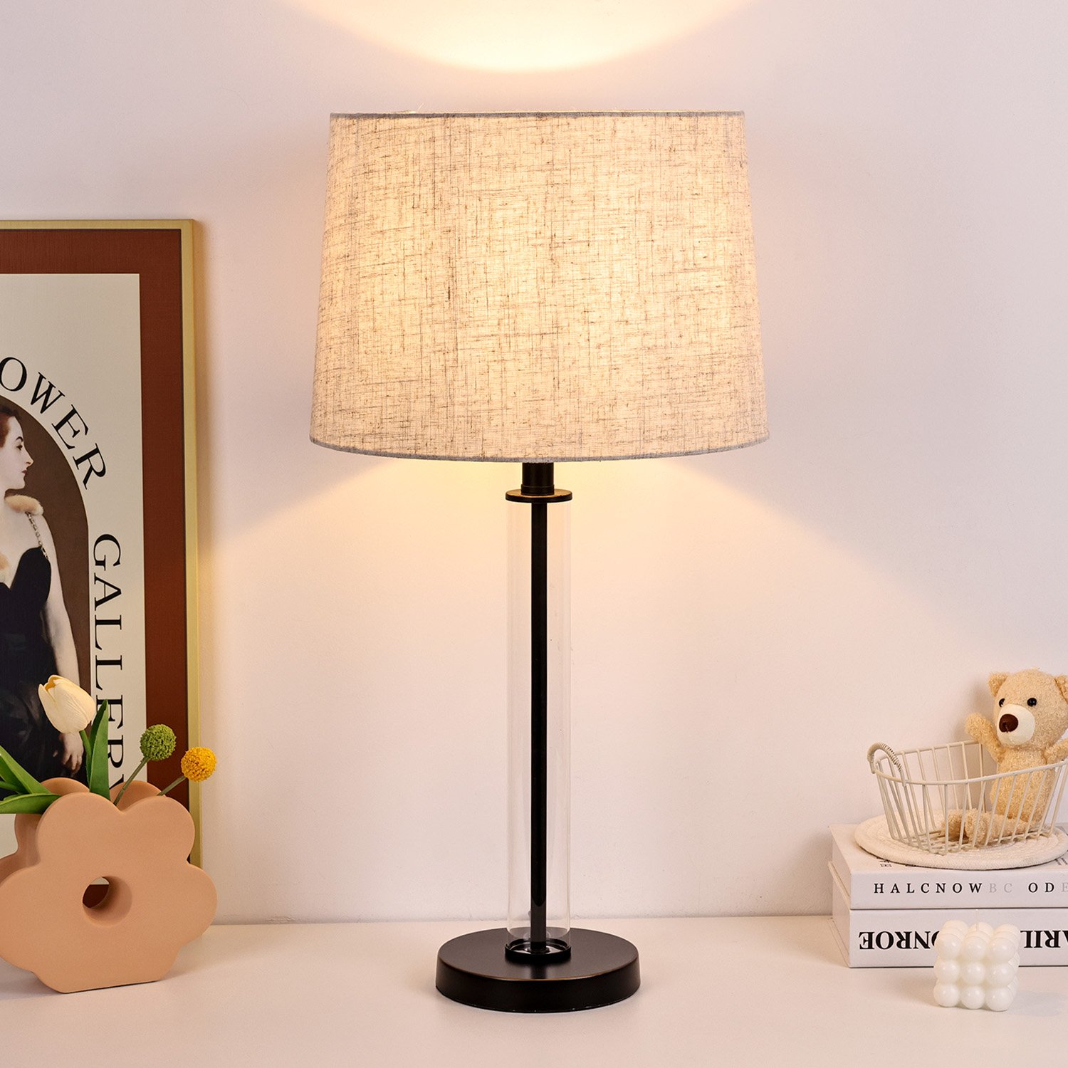 Classic E27/E26 Bulb Big Natural Light Book Reading Bedside Glass Body Natural Light LED Table Lamp With Fabric Shade