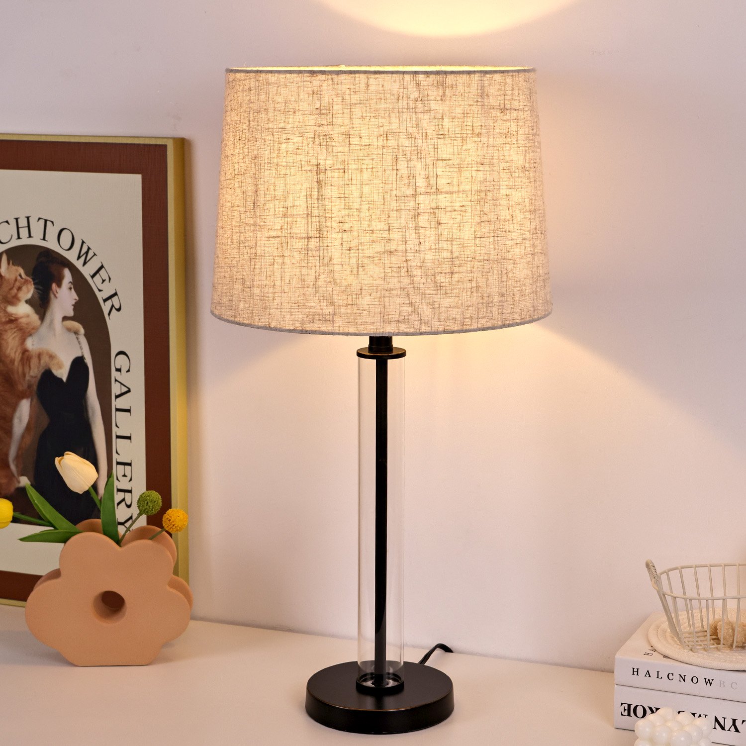 Classic E27/E26 Bulb Big Natural Light Book Reading Bedside Glass Body Natural Light LED Table Lamp With Fabric Shade