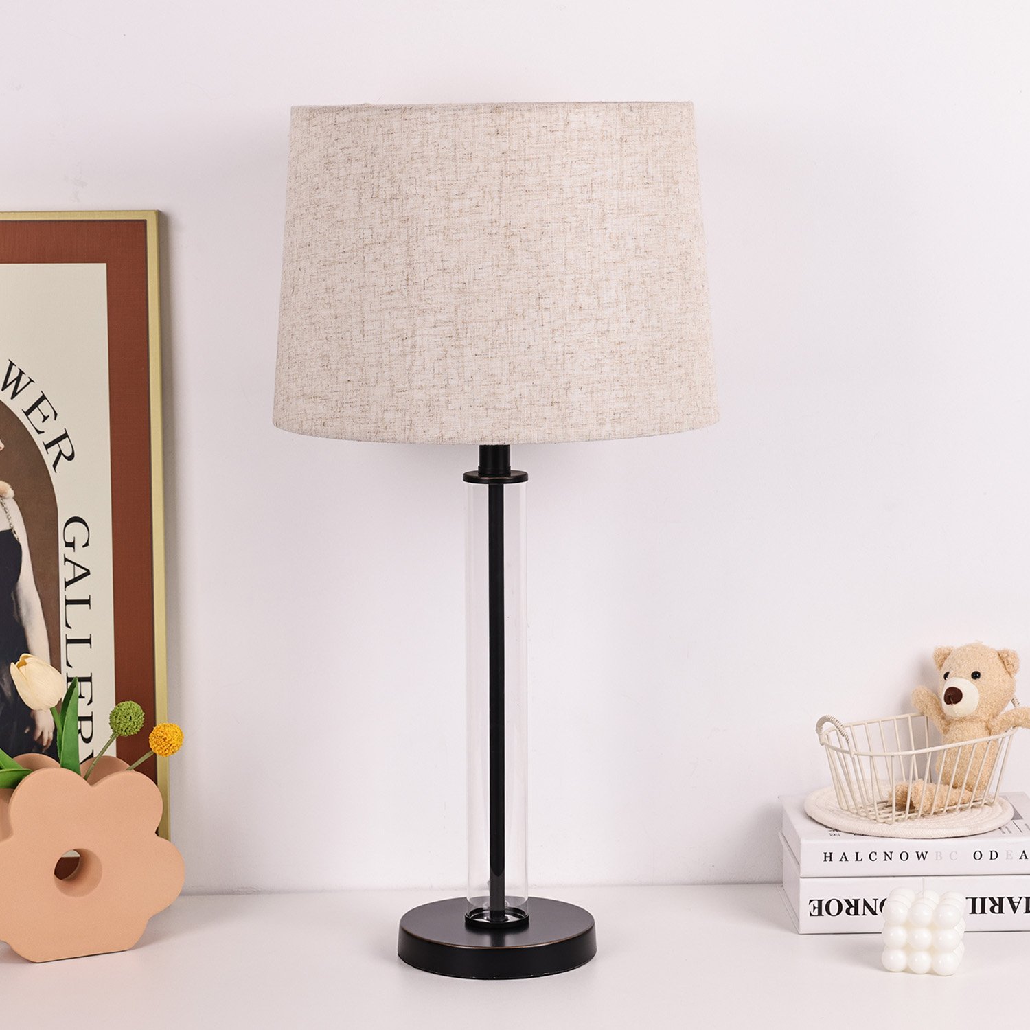 Classic E27/E26 Bulb Big Natural Light Book Reading Bedside Glass Body Natural Light LED Table Lamp With Fabric Shade