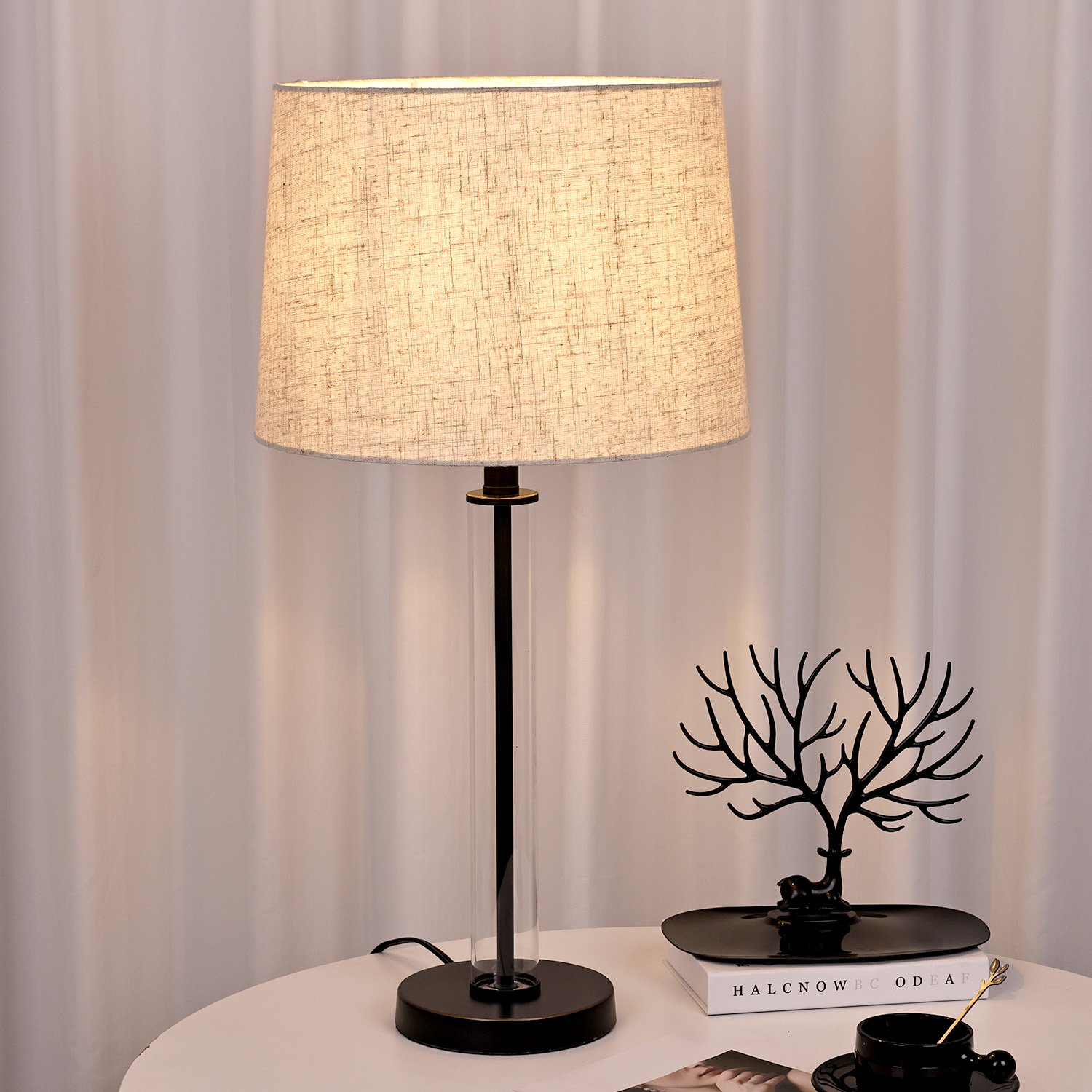 Classic E27/E26 Bulb Big Natural Light Book Reading Bedside Glass Body Natural Light LED Table Lamp With Fabric Shade