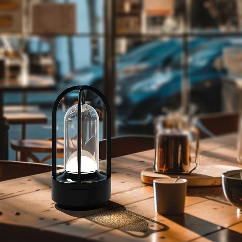 Nordic Modern Design LED Rechargeable Dimmable Cordless Aluminum Battery Crystal Lantern Table Lamp for Outdoor Restaurant Decor
