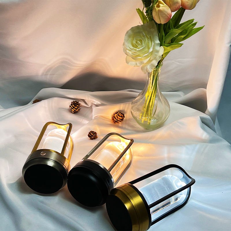 Nordic Modern Design LED Rechargeable Dimmable Cordless Aluminum Battery Crystal Lantern Table Lamp for Outdoor Restaurant Decor