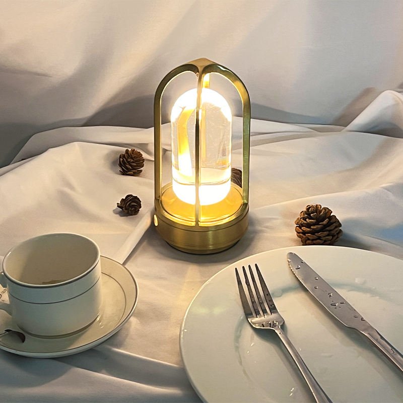 Nordic Modern Design LED Rechargeable Dimmable Cordless Aluminum Battery Crystal Lantern Table Lamp for Outdoor Restaurant Decor