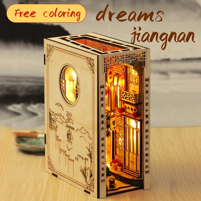IIECREATE 3D Wooden Puzzle Dreams Jiangnan Book Nook DIY Miniature House Assemble Toys Bookend