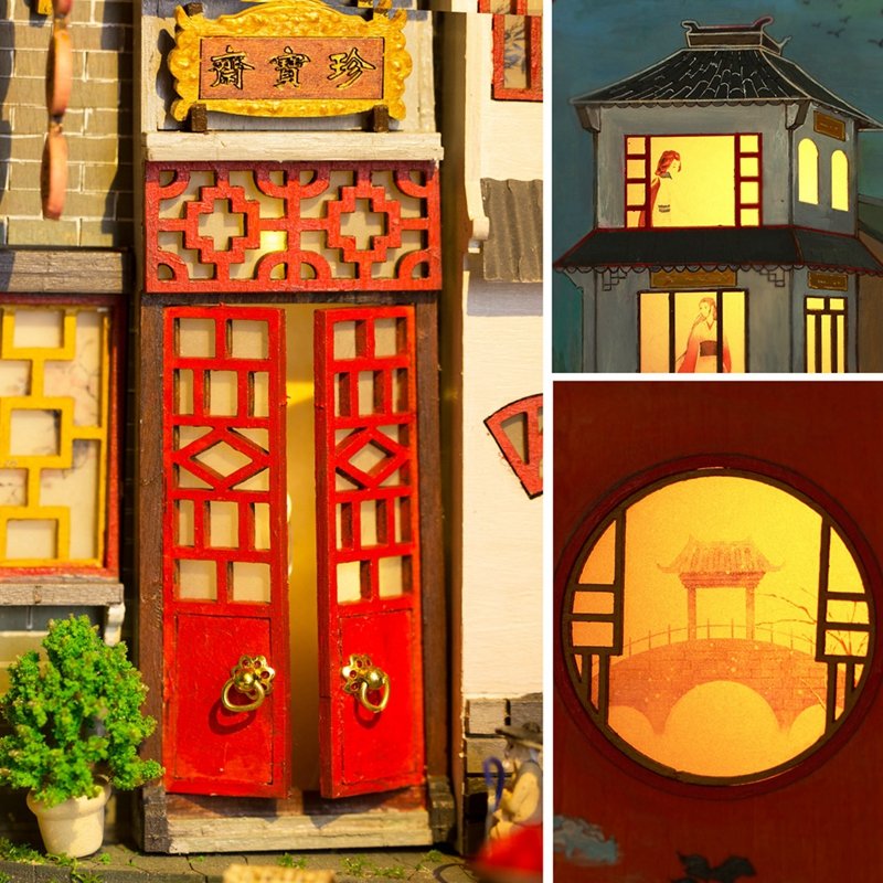 IIECREATE 3D Wooden Puzzle Dreams Jiangnan Book Nook DIY Miniature House Assemble Toys Bookend