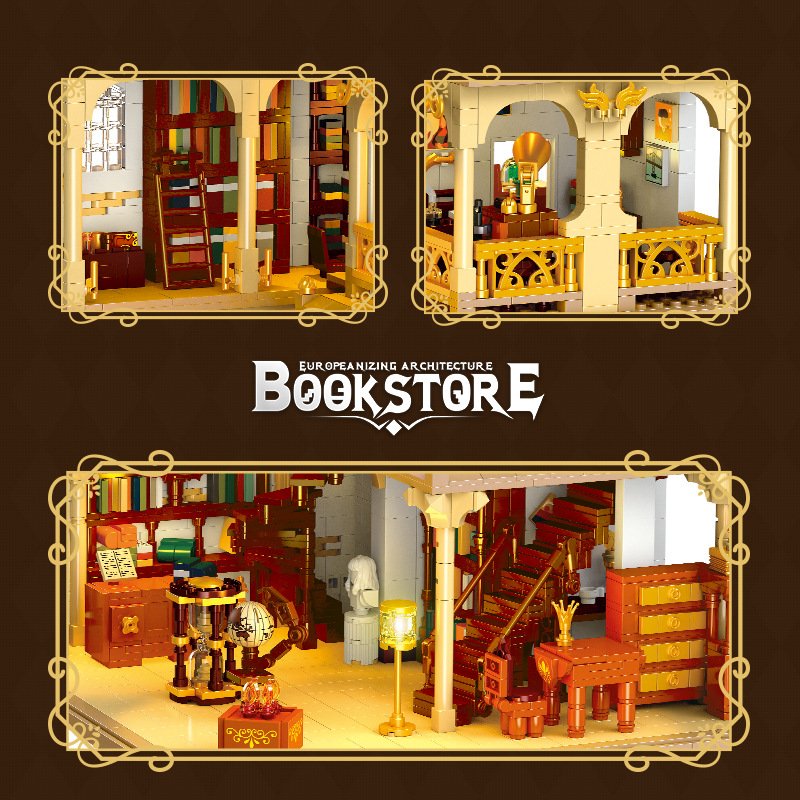 JIESTAR 57015 3028 Pcs House bricks toy assembly toys European style book store models building blocks toy ornaments with lights