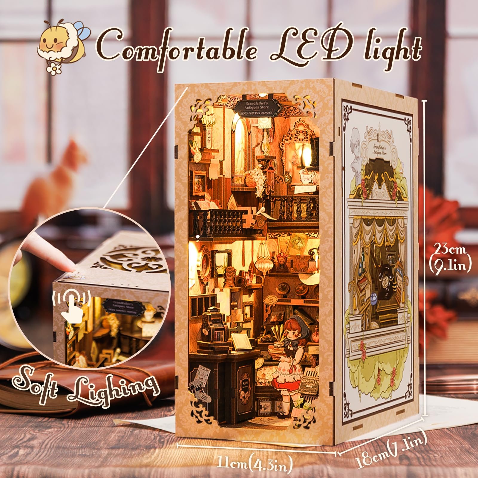 Cutebee 3D Wooden Puzzle Touch Sensor on Led Night Light Grandfather's Antiques Store Book Nook Kit Use As a Gift