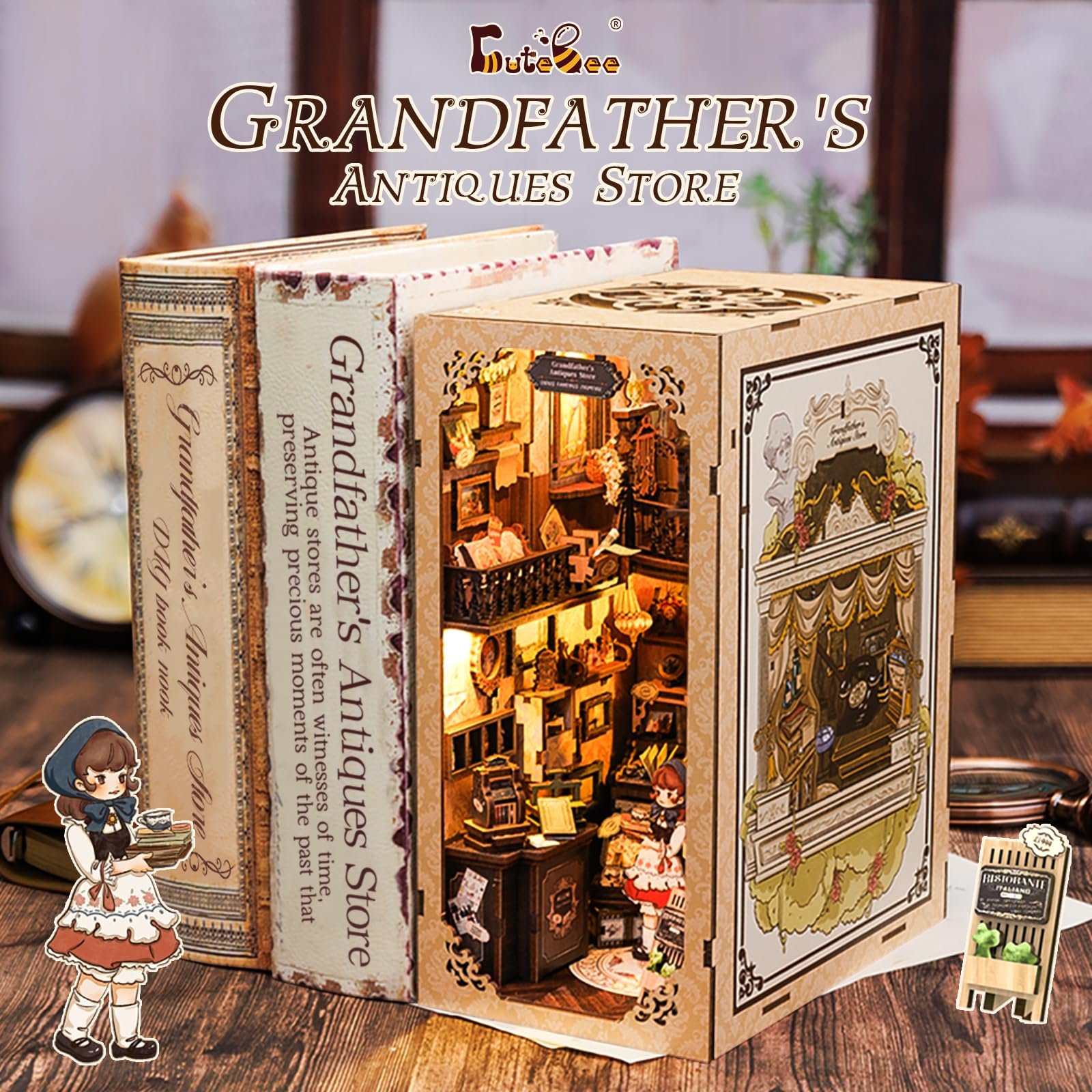 Cutebee 3D Wooden Puzzle Touch Sensor on Led Night Light Grandfather's Antiques Store Book Nook Kit Use As a Gift