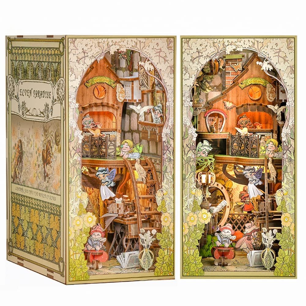 CuteBee 3D Wooden Puzzle Elven Paradise Handmade Craft Dollhouse with Light Building Model Toys Dollhouse Kit