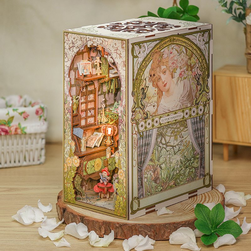 CuteBee 3D Wooden Puzzle Elven Paradise Handmade Craft Dollhouse with Light Building Model Toys Dollhouse Kit