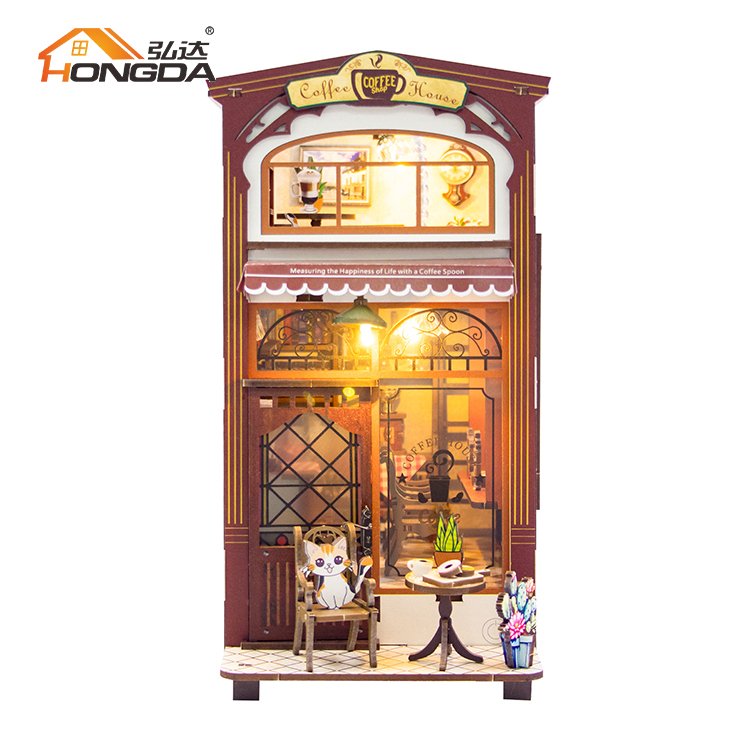 Hongda M2411 Coffee House 3D Handmade DIY Booknook Miniature Book Nook Kit Wood Book Nook With Light