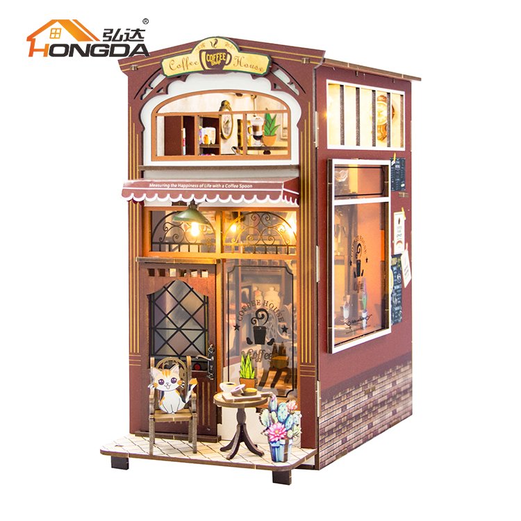 Hongda M2411 Coffee House 3D Handmade DIY Booknook Miniature Book Nook Kit Wood Book Nook With Light