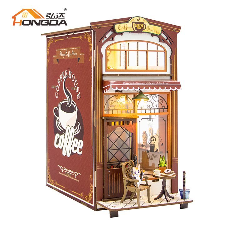 Hongda M2411 Coffee House 3D Handmade DIY Booknook Miniature Book Nook Kit Wood Book Nook With Light