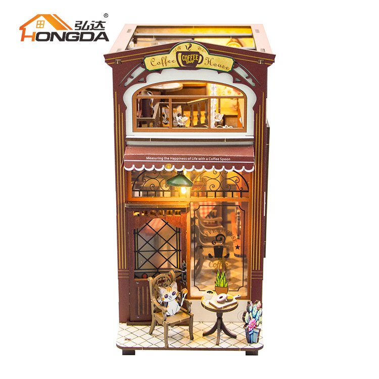 Hongda M2411 Coffee House 3D Handmade DIY Booknook Miniature Book Nook Kit Wood Book Nook With Light