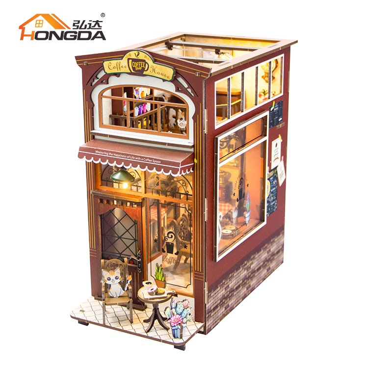Hongda M2411 Coffee House 3D Handmade DIY Booknook Miniature Book Nook Kit Wood Book Nook With Light
