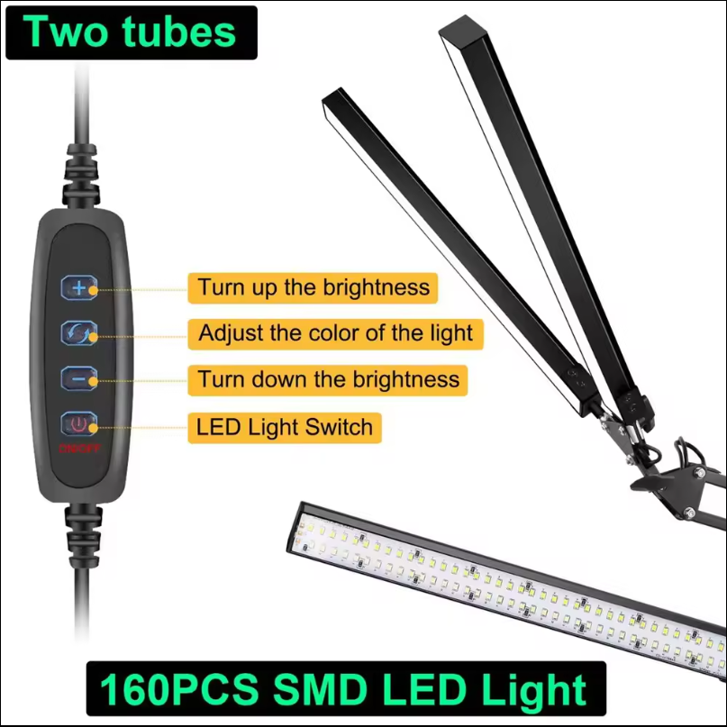 Double Head Clamp Long Arm Screen LED Desk Lamp Beauty Embroidery Makeup Workstation Lamps