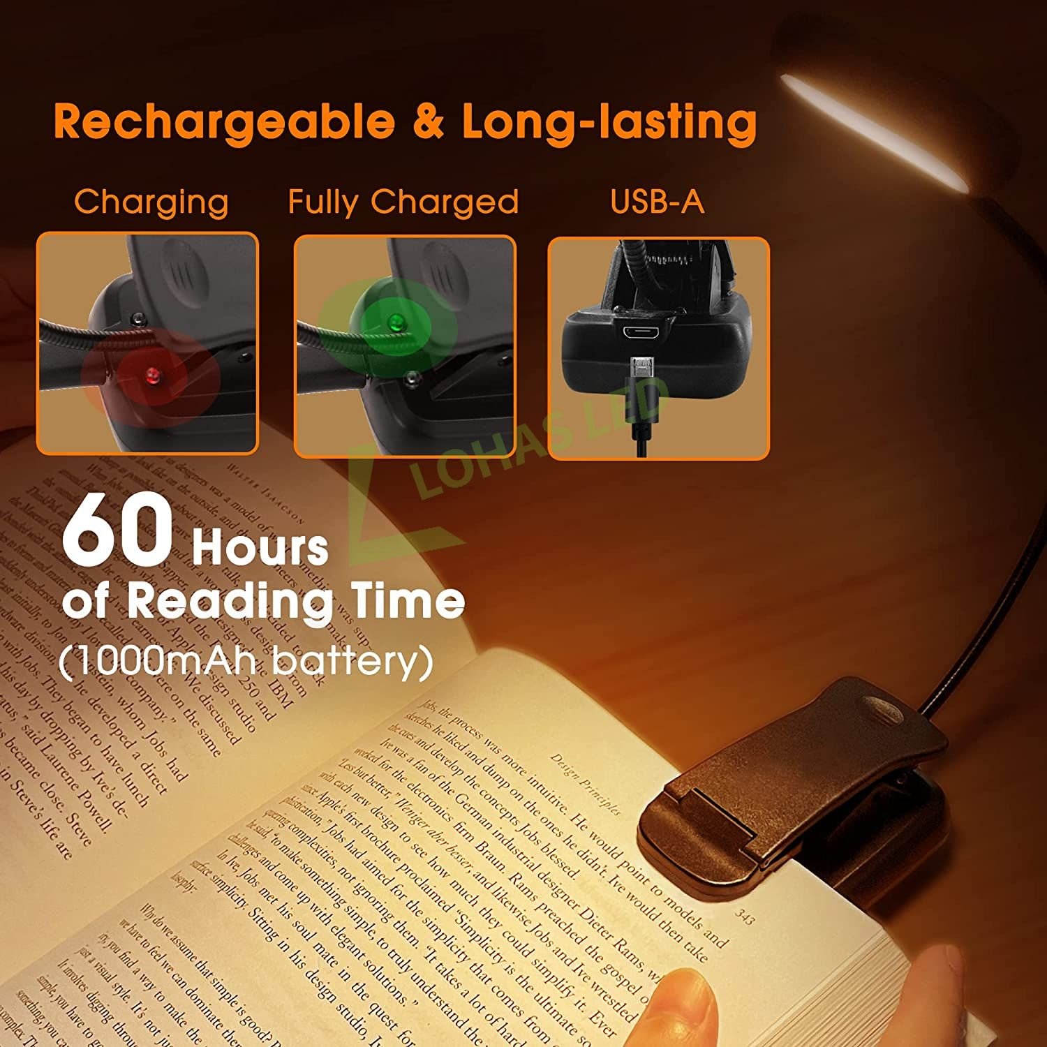 LOHAS 14 LEDs Book Light USB Book Reading Lamp 4 Brightness Dimmable Flexible Book Lights for Kids Students