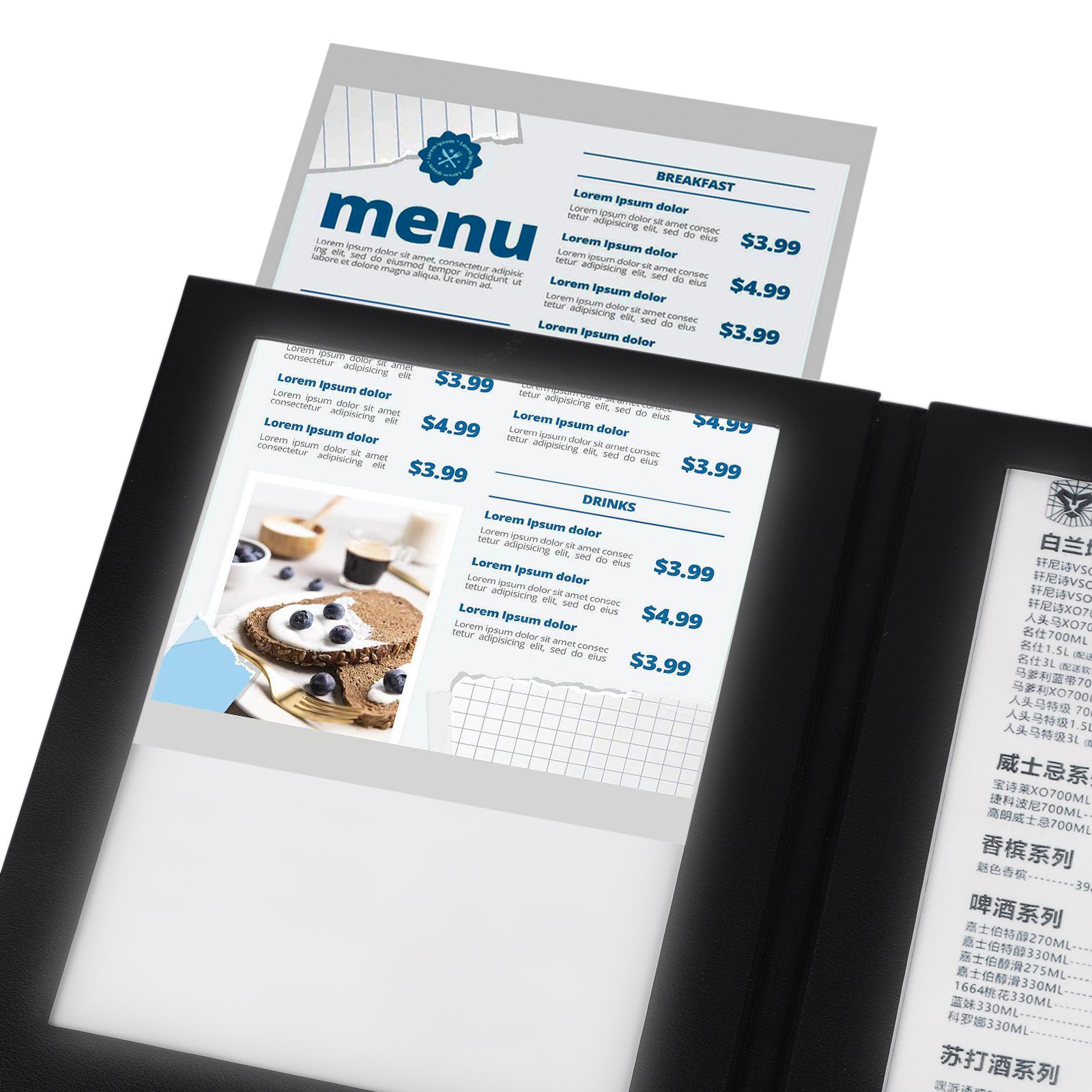 High quality custom restaurant Led lighting black menu book PU leather