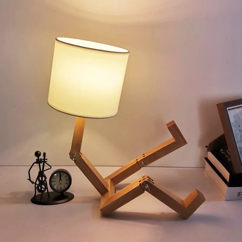 Fancy Wooden Table Lamp Robot Designer Reading Lamp Foldable Natural Color Desk Lamp