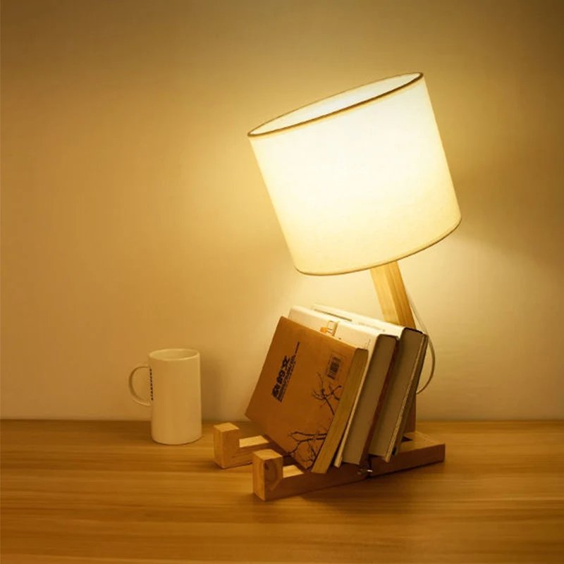 Fancy Wooden Table Lamp Robot Designer Reading Lamp Foldable Natural Color Desk Lamp