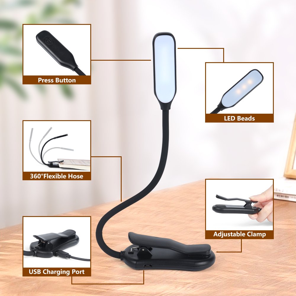 O08-0038 Rechargeable Book Light Mini 7 LED Book Lamp 3-Level Warm Cool White Flexible Easy Clip Lamp Read Night Reading Lamp