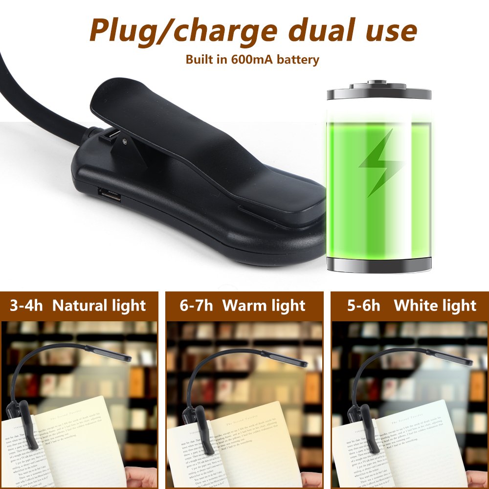 O08-0038 Rechargeable Book Light Mini 7 LED Book Lamp 3-Level Warm Cool White Flexible Easy Clip Lamp Read Night Reading Lamp