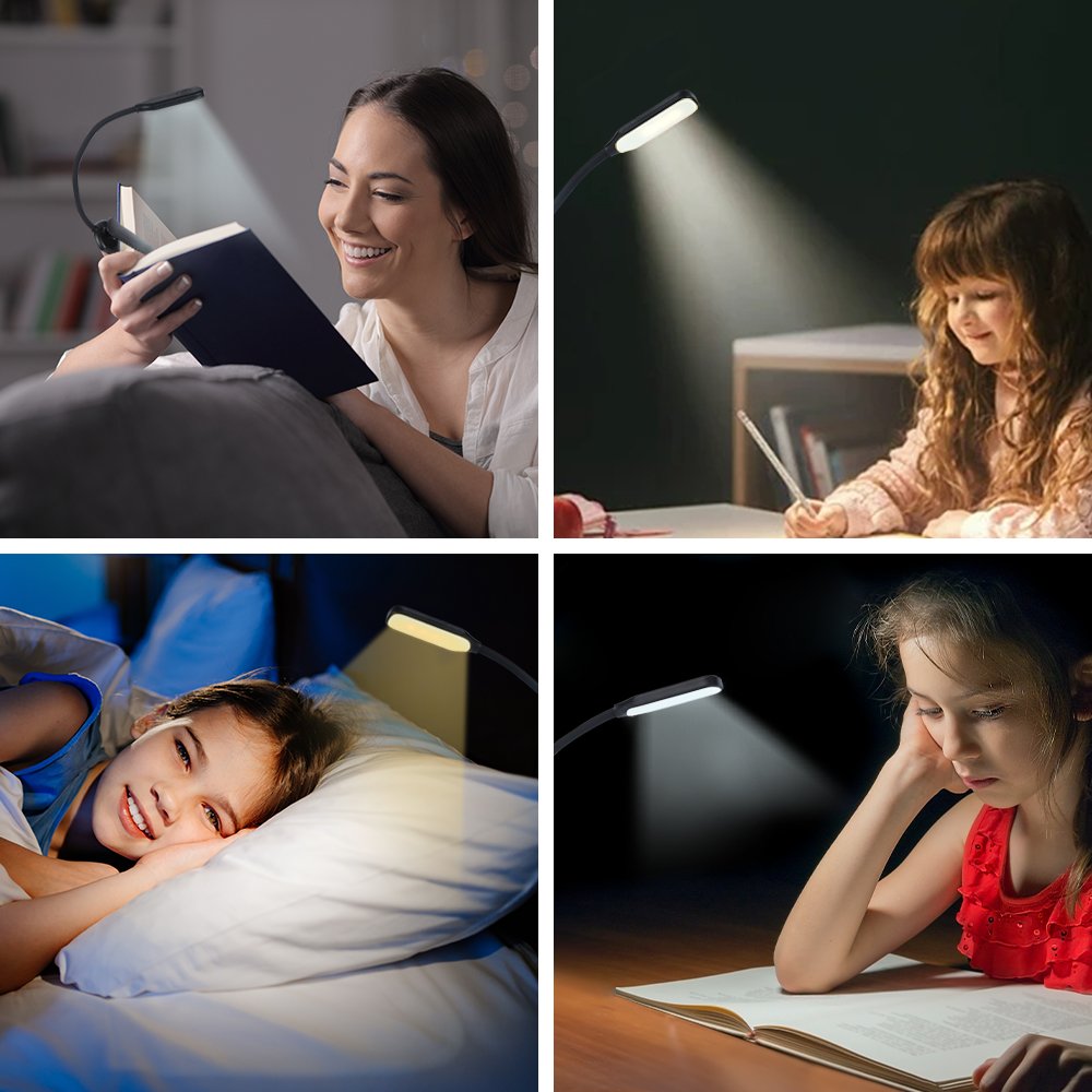 O08-0038 Rechargeable Book Light Mini 7 LED Book Lamp 3-Level Warm Cool White Flexible Easy Clip Lamp Read Night Reading Lamp