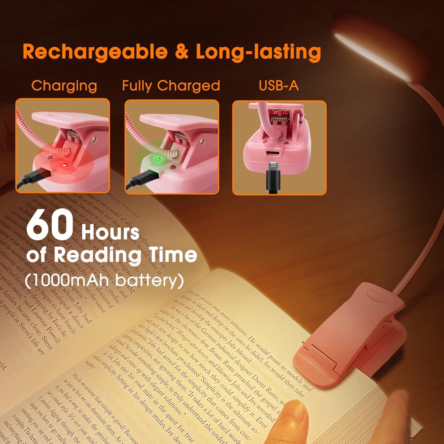 LOHAS Pink Color Clip On Read Book Light Lamps Cute Flexible Portable USB Rechargeable Reading Lights in Bed