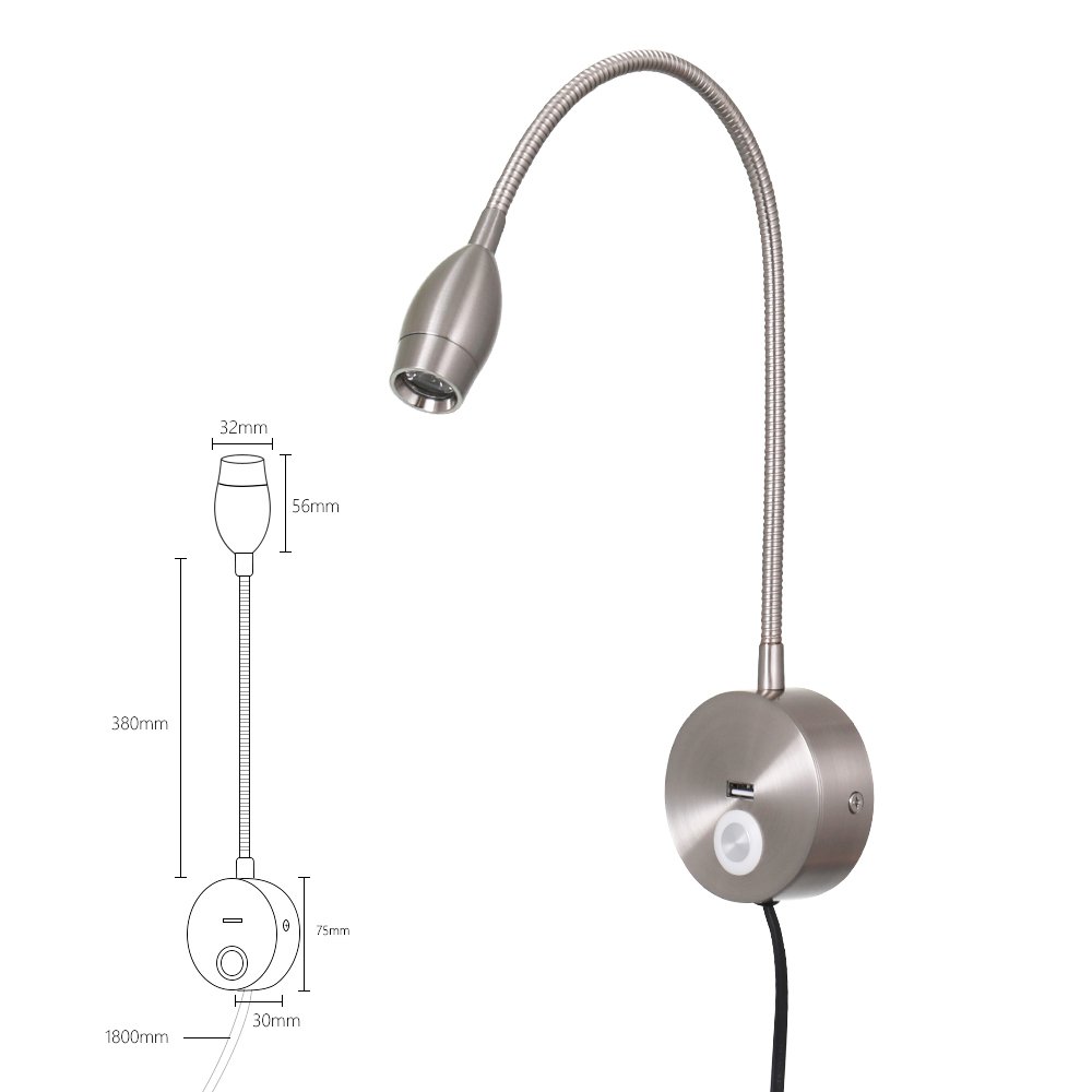 Wall Mounted LED Reading Light with Flexible Gooseneck USB Charging Port Touch Switch Dimmable Book Light for Reading In Bed