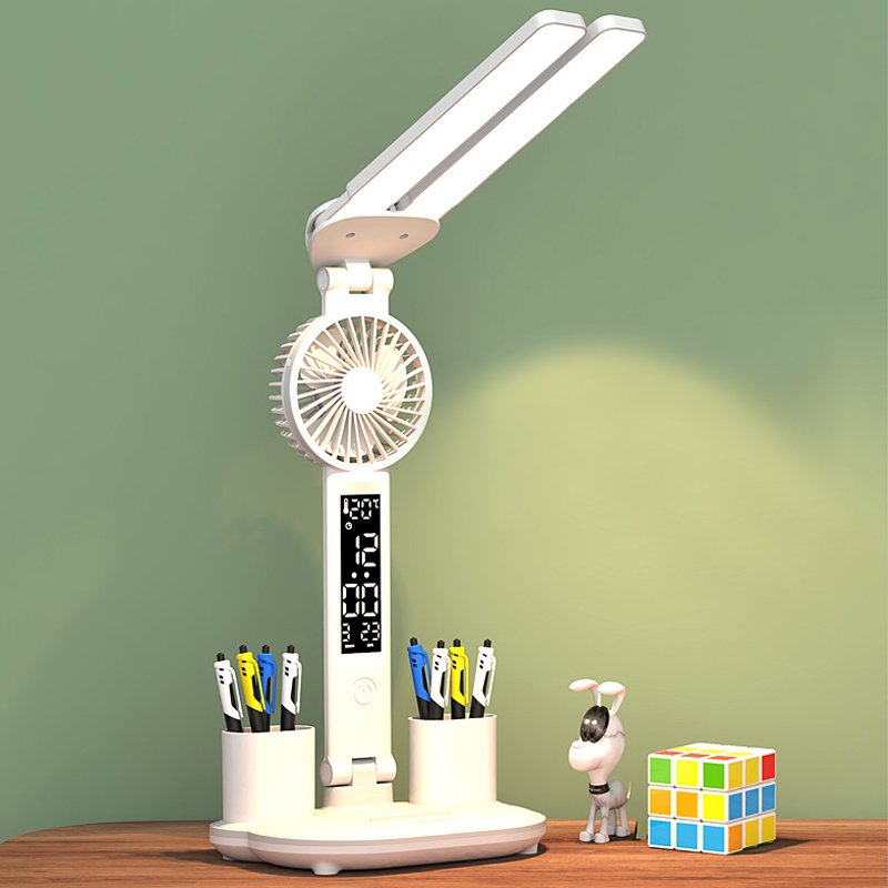 Foldable USB Small Dimmable Eye Protection LED bedroom Reading Study With Fan Pen Container night table desk light lamp