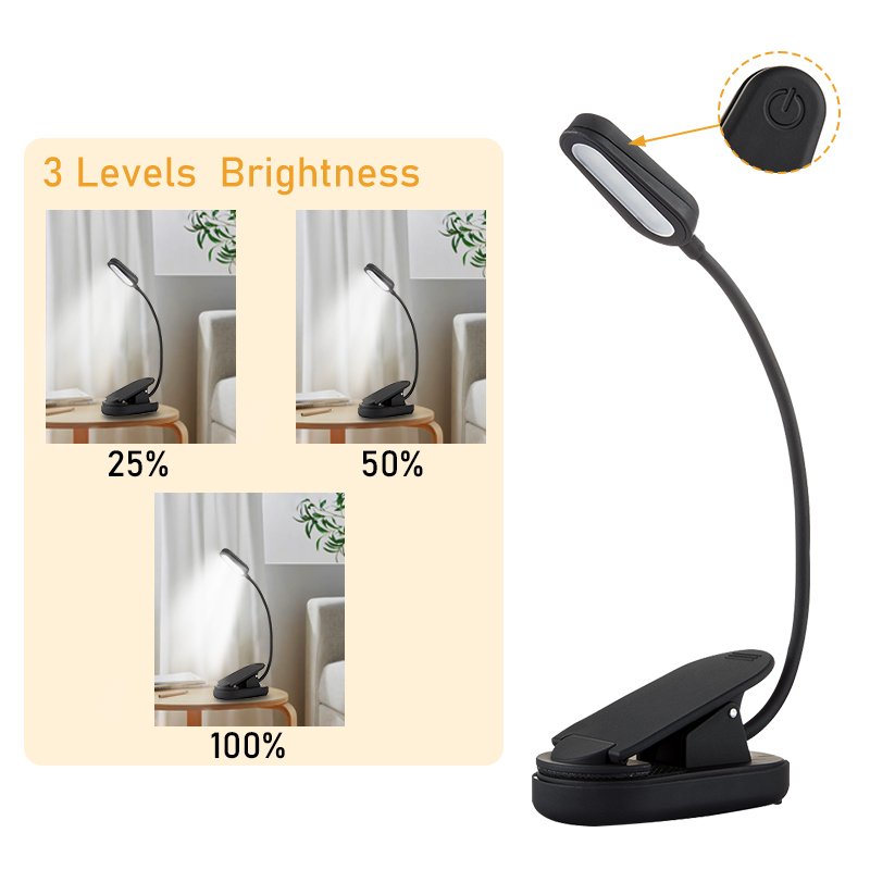 Own Patent Adjustable High Bright Black Color Clip USB Rechargeable LED Book Light For Reading in Bed