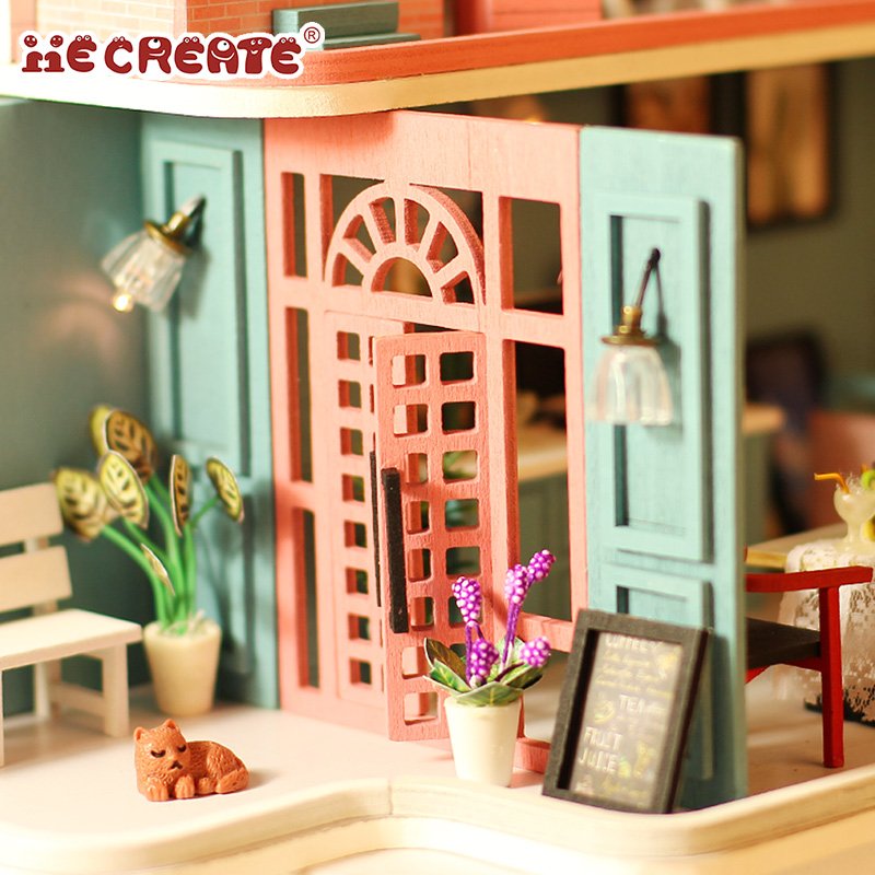 IIECREATE 3D Wooden Pizzle For Adult -034 Pink Cafe DIY Handmade Wooden Miniature House WIth LED Light